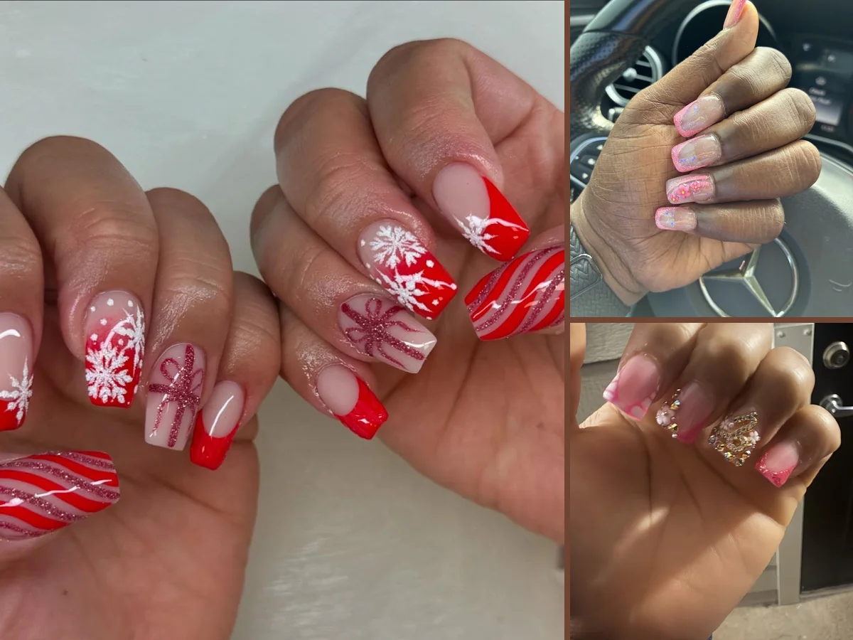Close-up of polished nails and nail art samples.